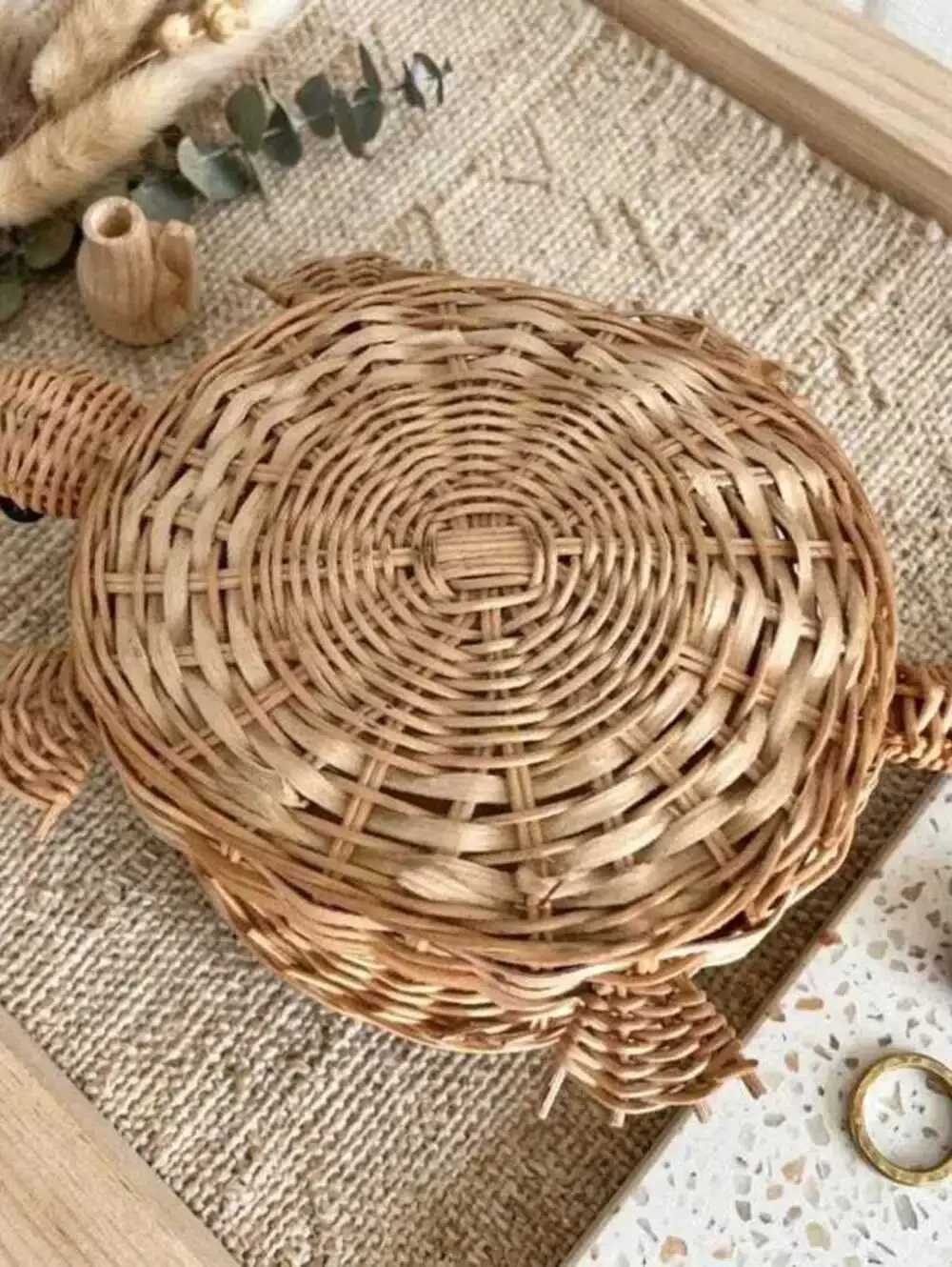 Vintage Wicker Turtle Basket with Black Bead Eyes, Mid-Century Handmade Rattan